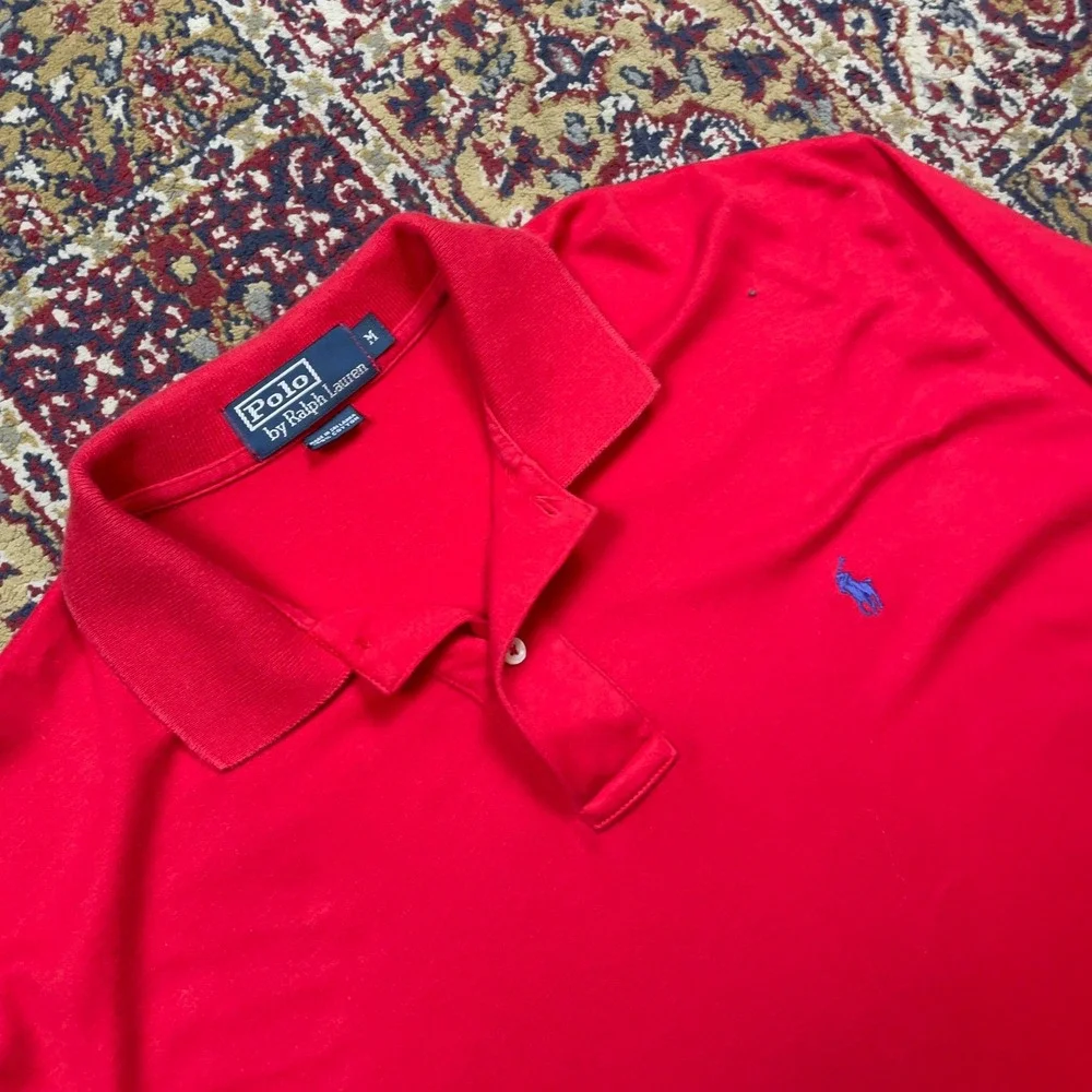 VTG 90s Polo Ralph Lauren Mens Red Long‎ Sleeve Polo Shirt Blue Pony Logo Size M